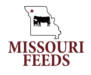 A red and white logo for missouri feeds.